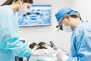 歯科医師が手術用手袋を着用し、口腔外科手術を行っている様子。手術器具と吸引器が使用されている。
